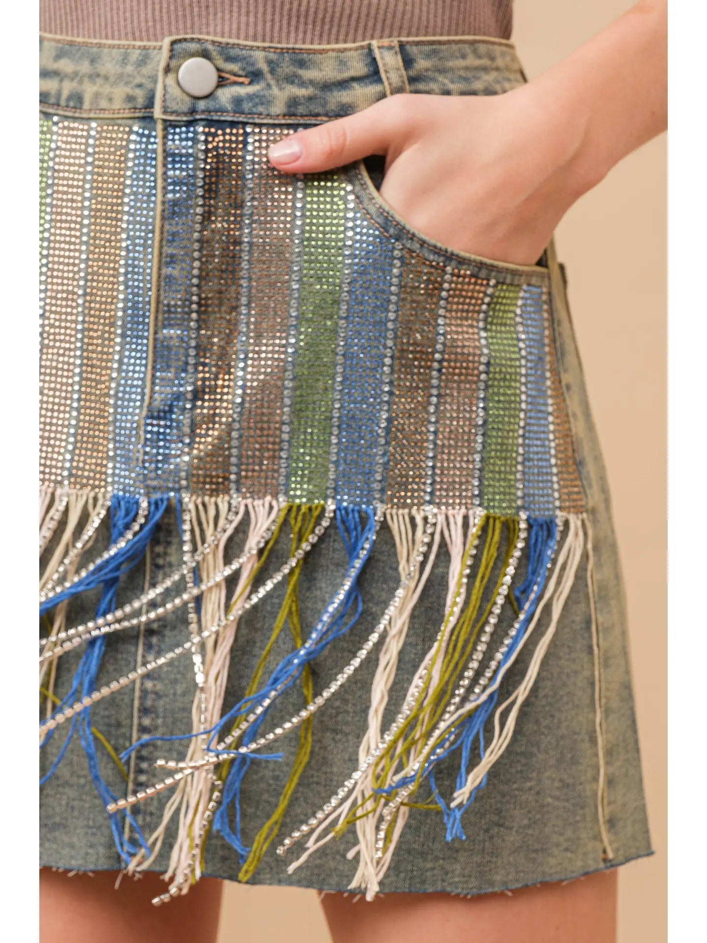 Rhinestone Fringe Denim Skirt