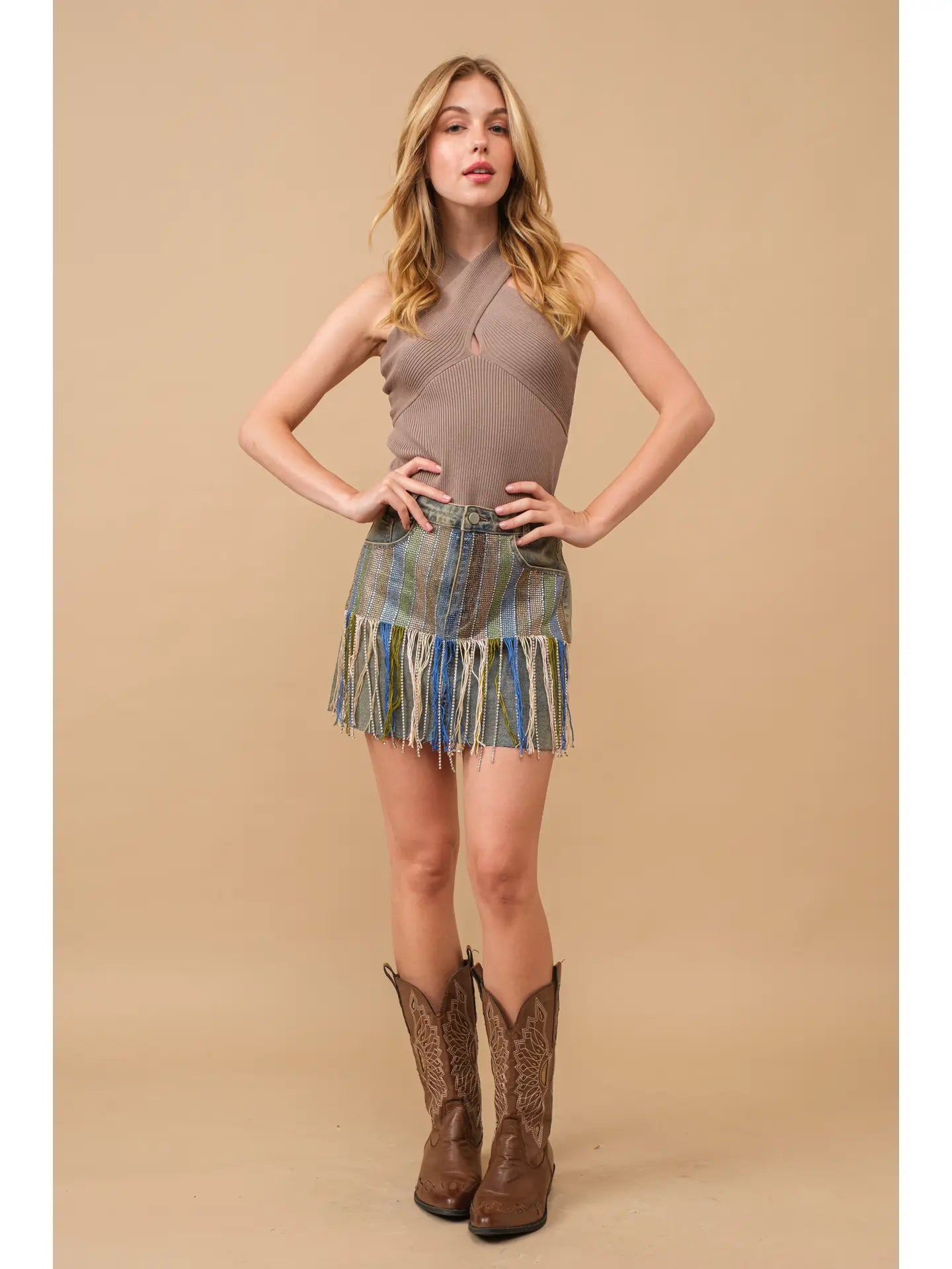 Rhinestone Fringe Denim Skirt