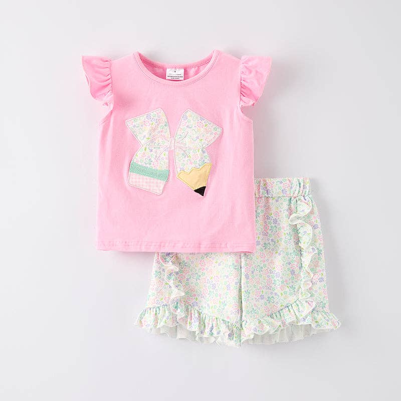 Girls Back To School Pink Bow Pencil Short Set