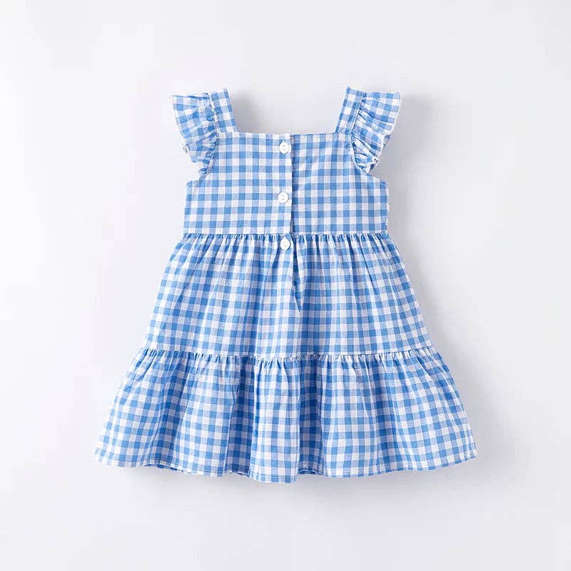 Girls Back To School Blue Plaid Sequins Apple Dress