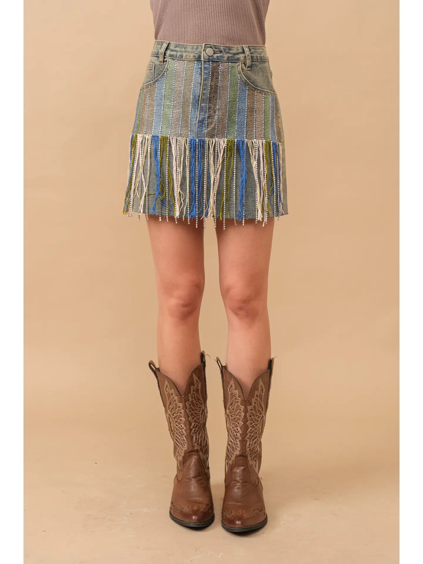 Rhinestone Fringe Denim Skirt