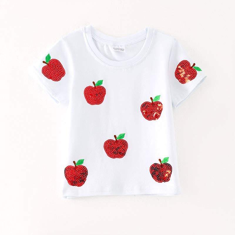 Girls Sequins Apple Back To School White Top