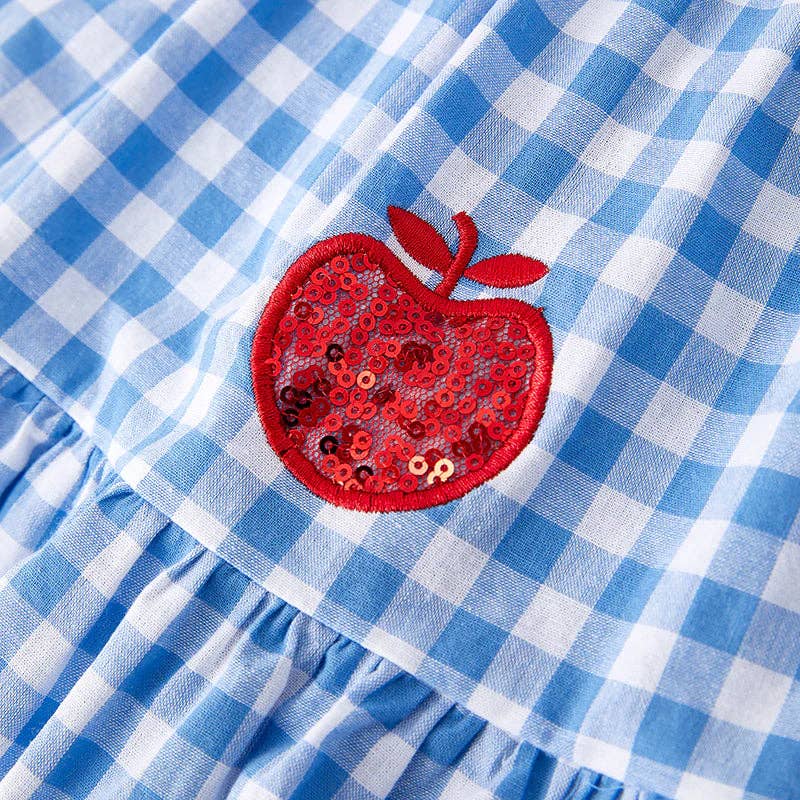 Girls Back To School Blue Plaid Sequins Apple Dress
